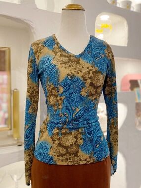 Y2K Whimsigoth Fairy Core Women’s V-Neck Glitter Paisley Floral Long Sleeve Top